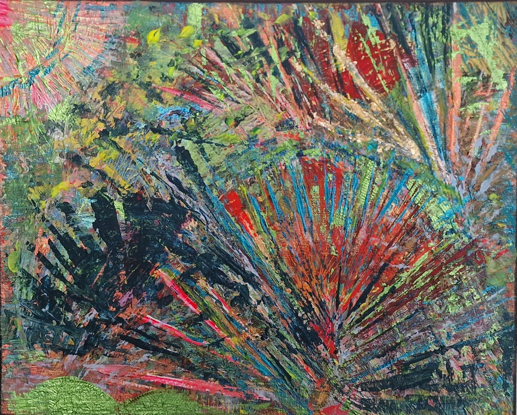 Vue latérale du tableau peinture abstrait moderne Jardin Astral™ révélant l’épaisseur de la toile et les textures artistiques