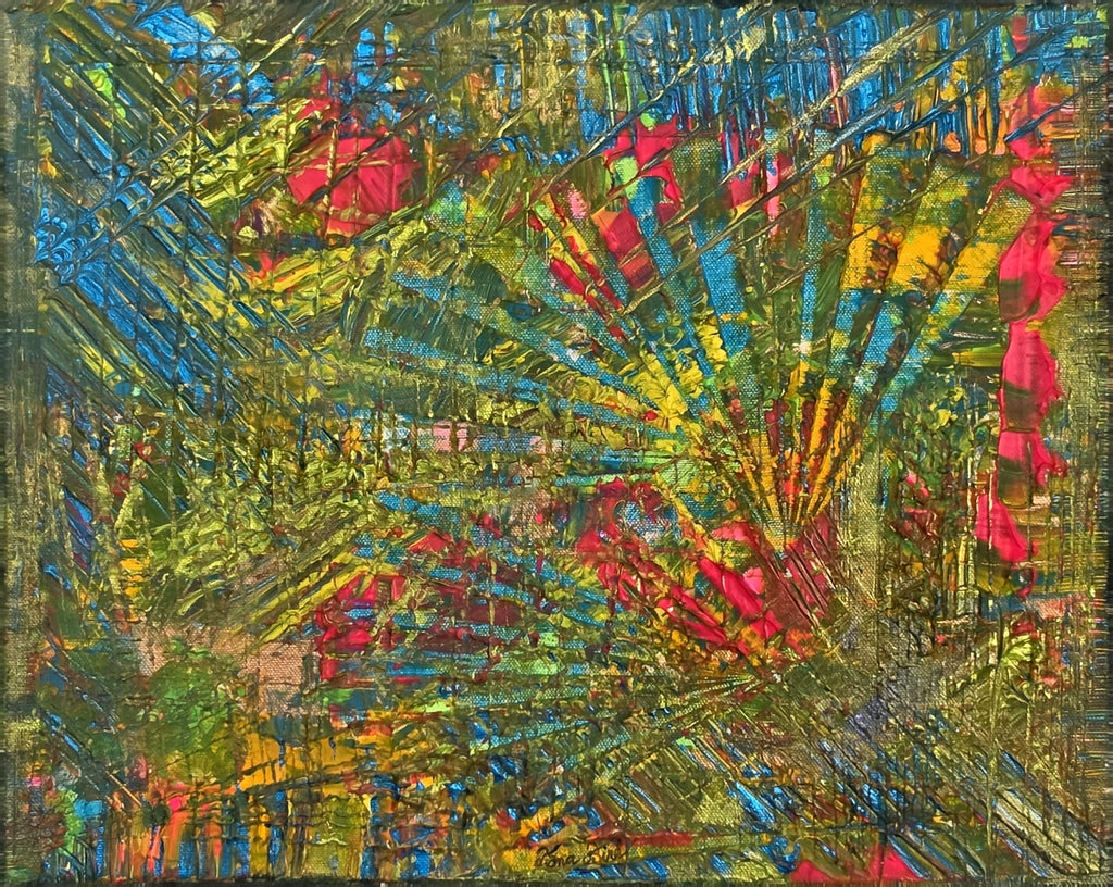 Vue de face de Jardin Secret™, peinture abstraite originale aux nuances de vert, bleu, doré et fuchsia réalisée à la main sur toile coton.