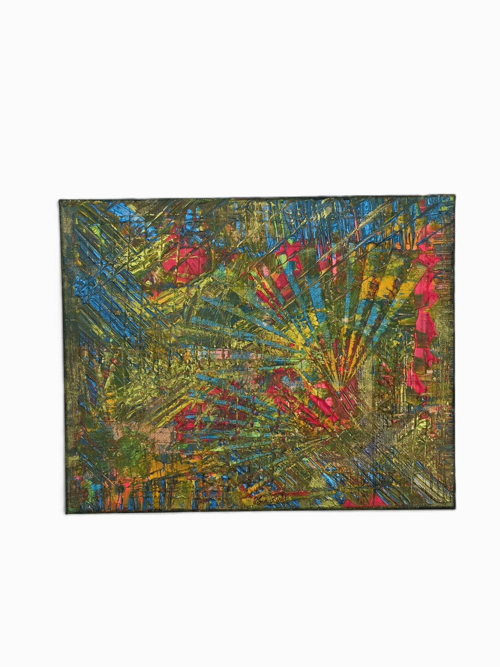 Œuvre originale Jardin Secret™ de format rectangulaire, tableau abstrait vert contemporain riche en textures, reliefs et couleurs lumineuses.