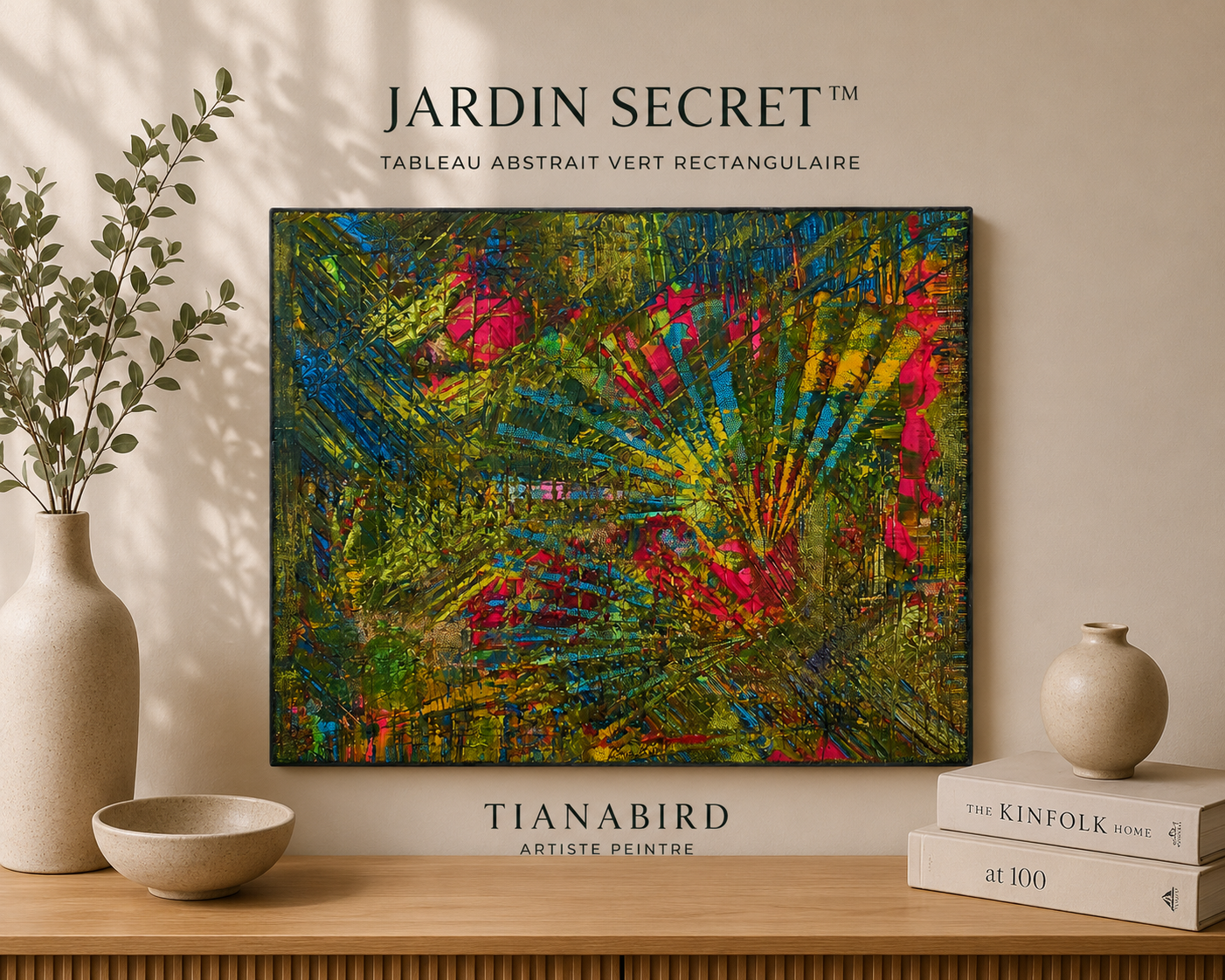 Jardin Secret™ tableau abstrait vert rectangulaire de 41 x 33 cm présenté dans un intérieur élégant avec décoration naturelle et ambiance contemporaine.