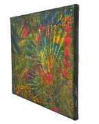 Vue latérale du tableau abstrait vert rectangulaire Jardin Secret™ mettant en valeur l'épaisseur de la toile et le travail de la matière.
