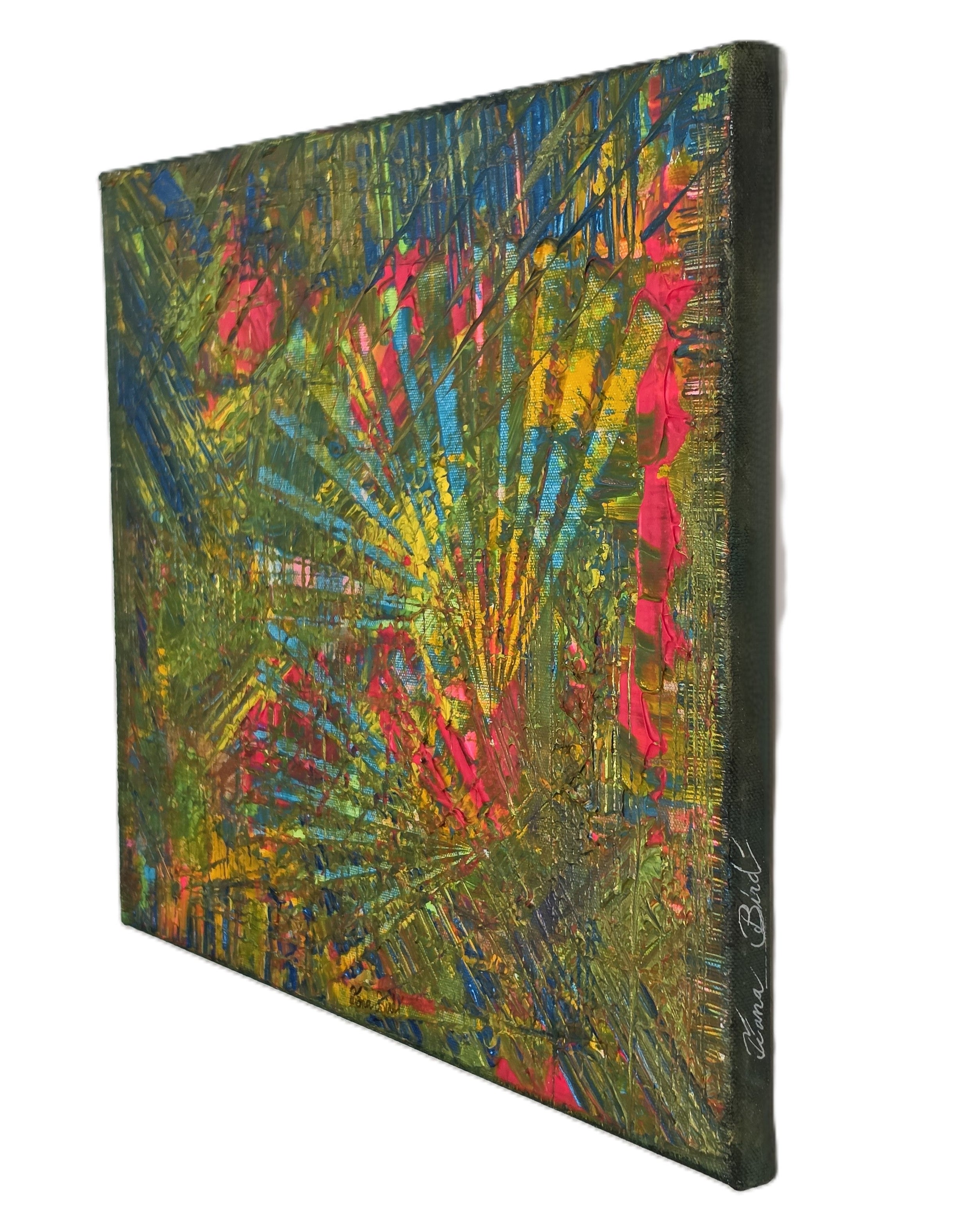 Vue latérale du tableau abstrait vert rectangulaire Jardin Secret™ mettant en valeur l'épaisseur de la toile et le travail de la matière.