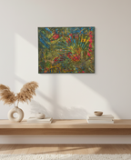 Tableau abstrait vert rectangulaire Jardin Secret™ mis en scène dans un intérieur lumineux aux tons naturels et modernes.
