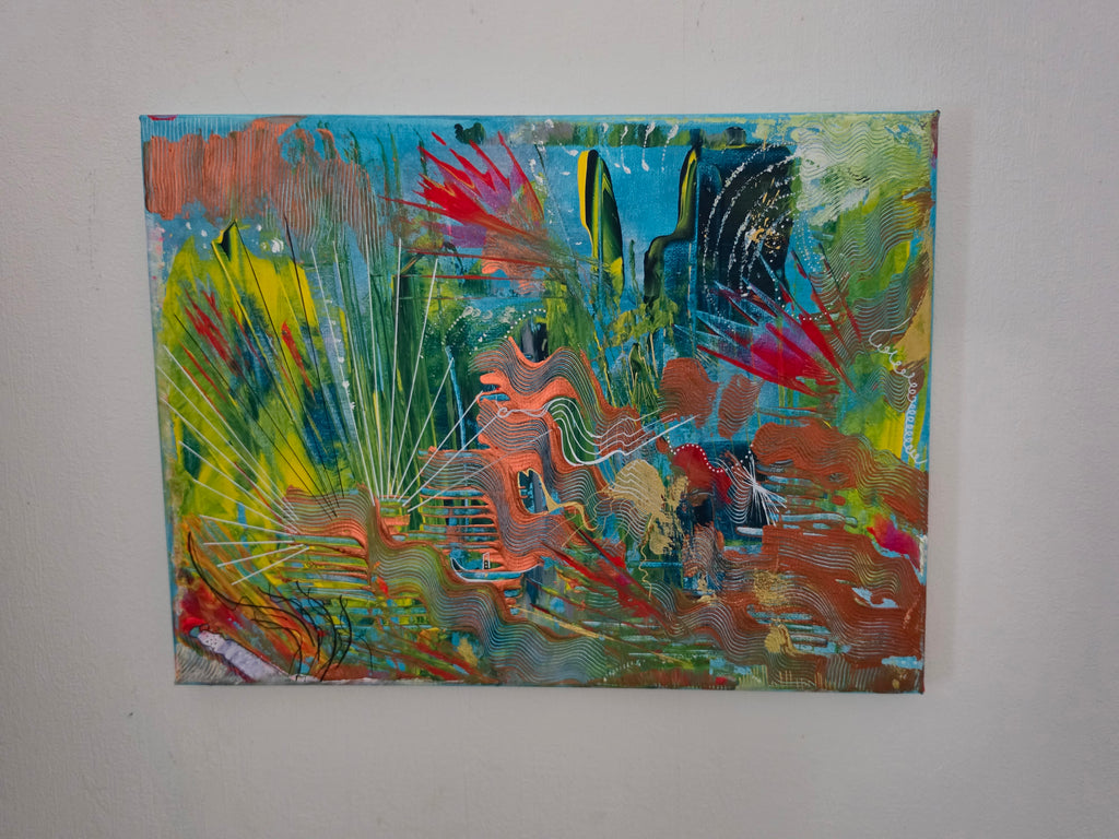 Détail de la texture et des reliefs de la peinture abstraite Lagon Imaginaire™ avec reflets lumineux et superpositions de couleurs contemporaines