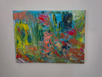 Détail de la texture et des reliefs de la peinture abstraite Lagon Imaginaire™ avec reflets lumineux et superpositions de couleurs contemporaines