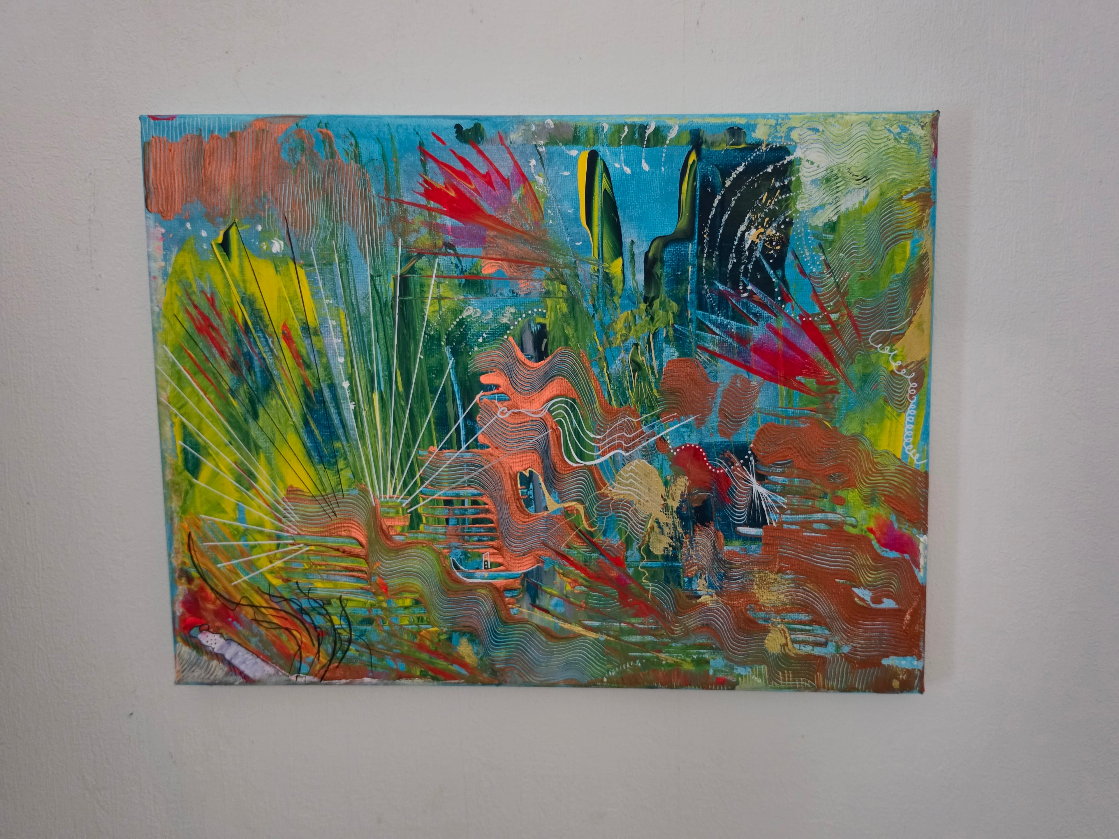 Détail de la texture et des reliefs de la peinture abstraite Lagon Imaginaire™ avec reflets lumineux et superpositions de couleurs contemporaines