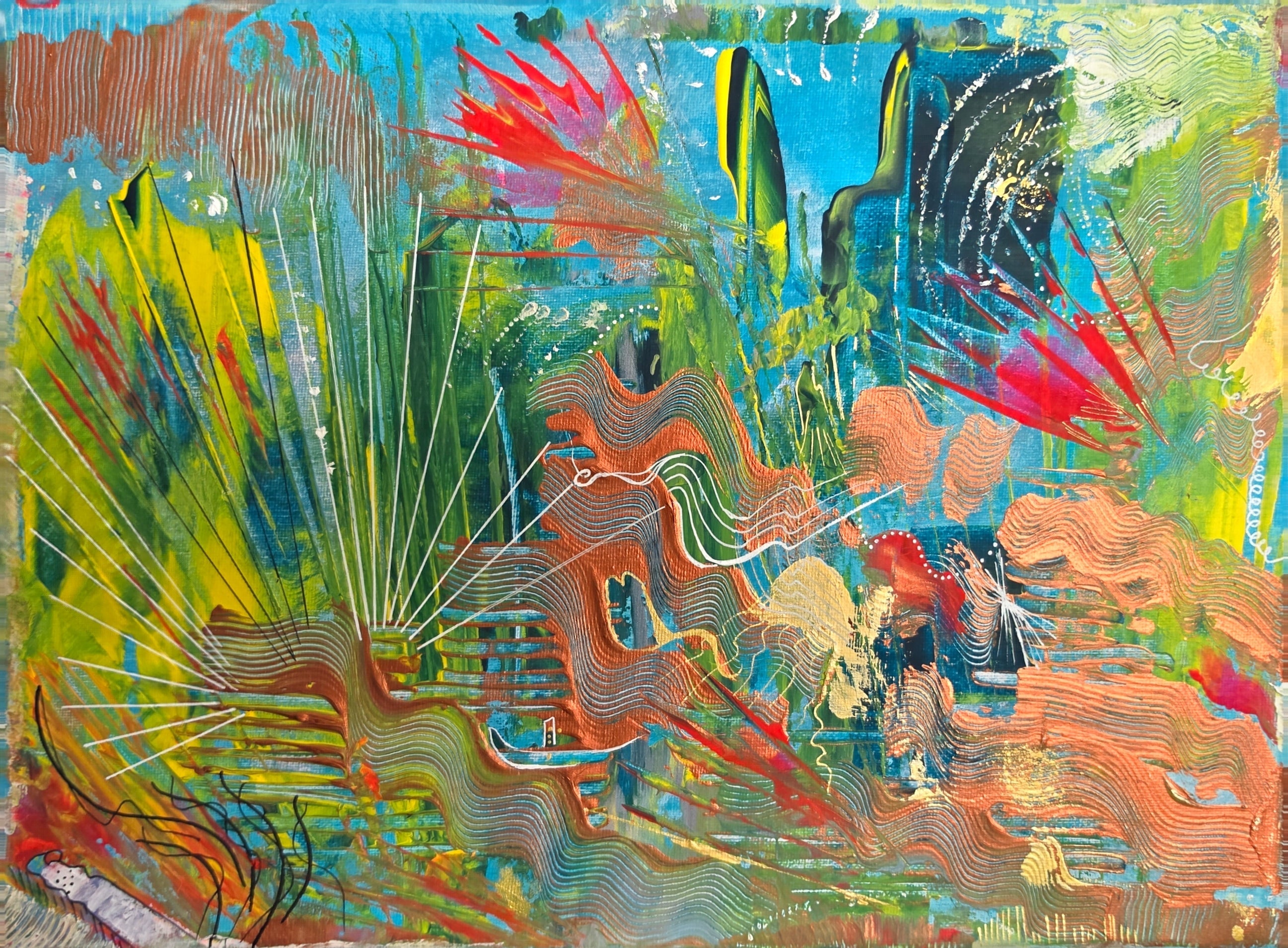Vue de face du tableau abstrait coloré Lagon Imaginaire™ réalisé à l’acrylique avec nuances turquoise, corail et vert végétal