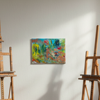 Tableau abstrait coloré Lagon Imaginaire™ mis en scène dans un salon moderne lumineux avec mobilier contemporain