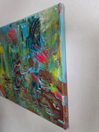 Vue latérale du tableau abstrait Lagon Imaginaire™ montrant l’épaisseur de la toile et les finitions peintes sur les côtés