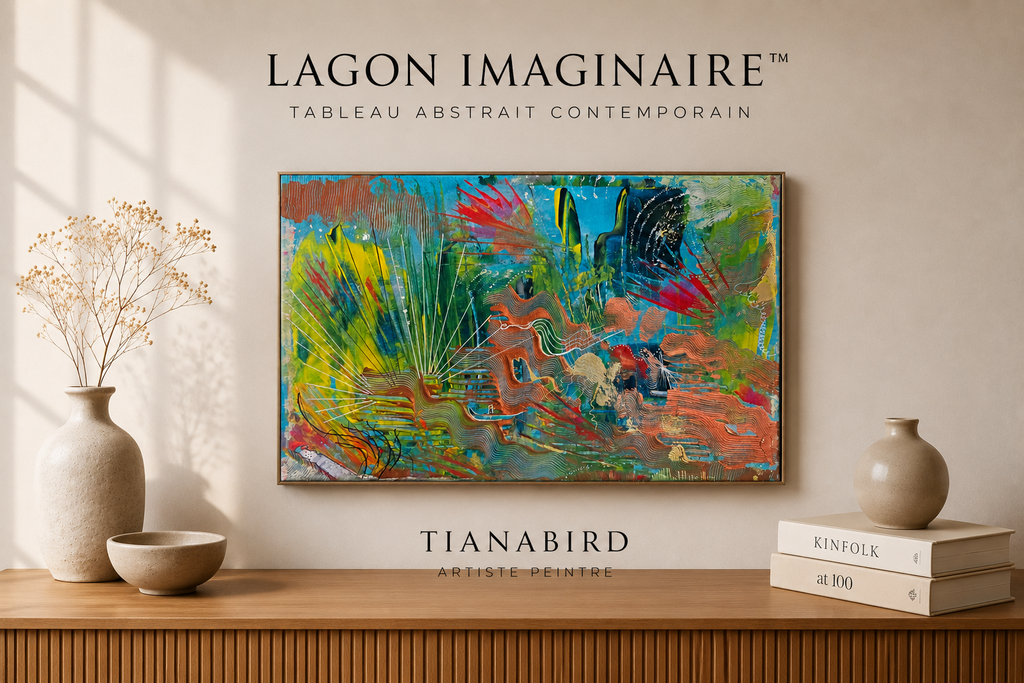 Tableau peinture abstrait rectangulaire Lagon Imaginaire™ présenté dans un intérieur contemporain aux tons naturels avec décoration élégante
