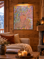 Tableau femme de profil style bohème une femme qui pense en couleurs douces dans un magnifique chalet en bois 
