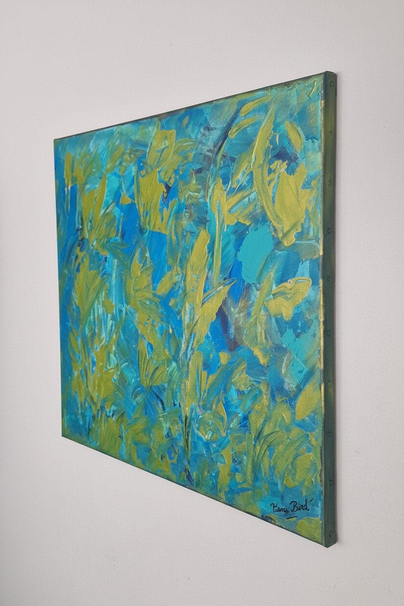 Miniature du tableau abstrait bleu et or pour fiche produit decoration murale contemporaine du tableau éclat boréal de 60cm x 50cm