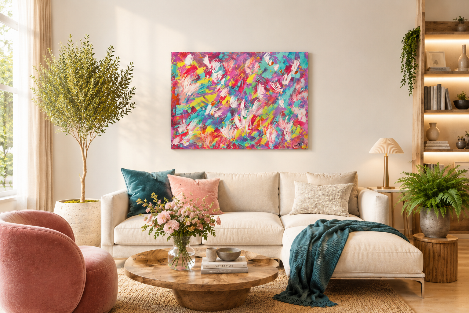 Œuvre abstraite moderne acrylique aux nuances rose turquoise jaune et violet idéale pour décoration intérieure moderne et artistique.