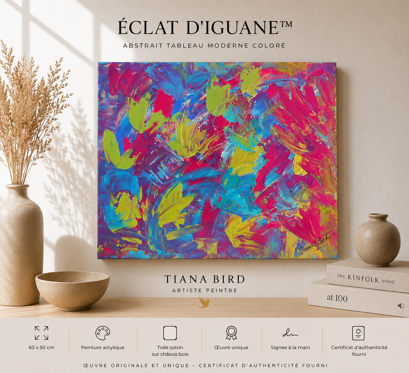 Tableau éclat d'iguane. En peinture abstraite. Tableau moderne et coloré. Dimension 60 cm par 50 centimètre en peinture acrylique sur une toile coton. Oeuvre unique signée à main, délivrée avec certificat d'authenticité.
