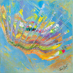 Peinture abstraite originale Plume Azurée aux nuances de bleu, jaune, rose et doré réalisée sur toile en lin.