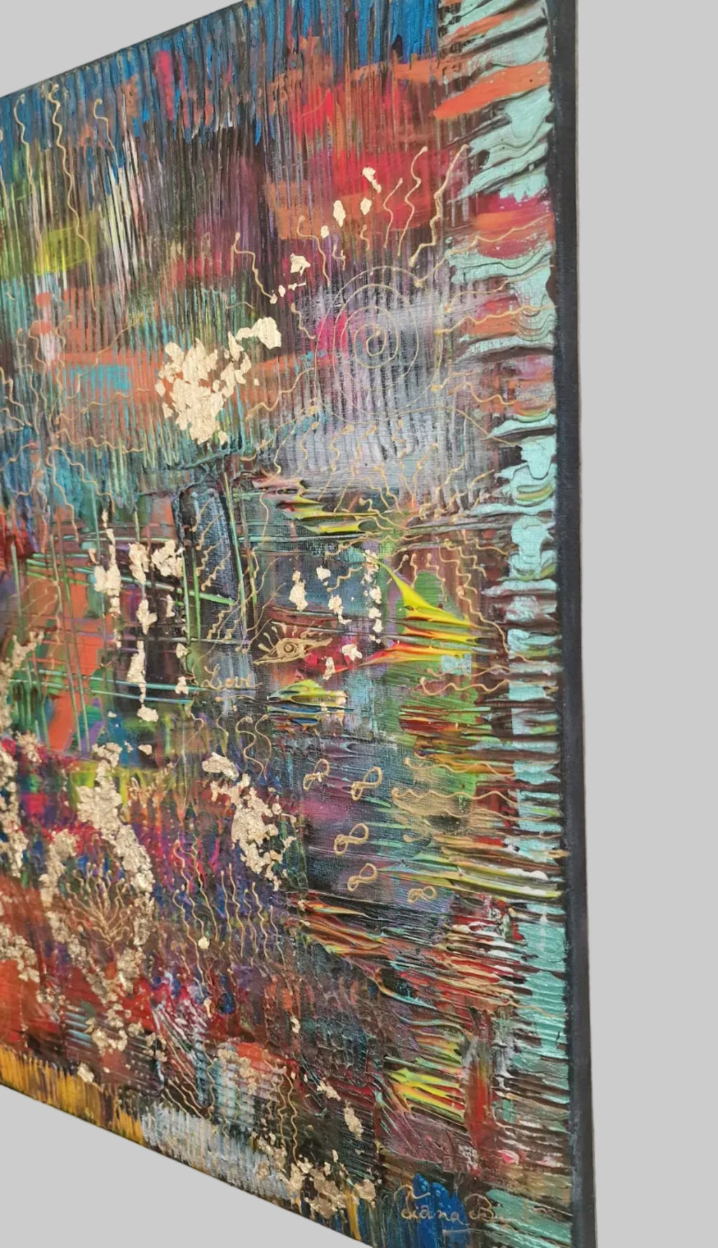Vue de profil du tableau abstrait moderne Harmonie Solaire montrant l'épaisseur de la toile sur chassis bois
