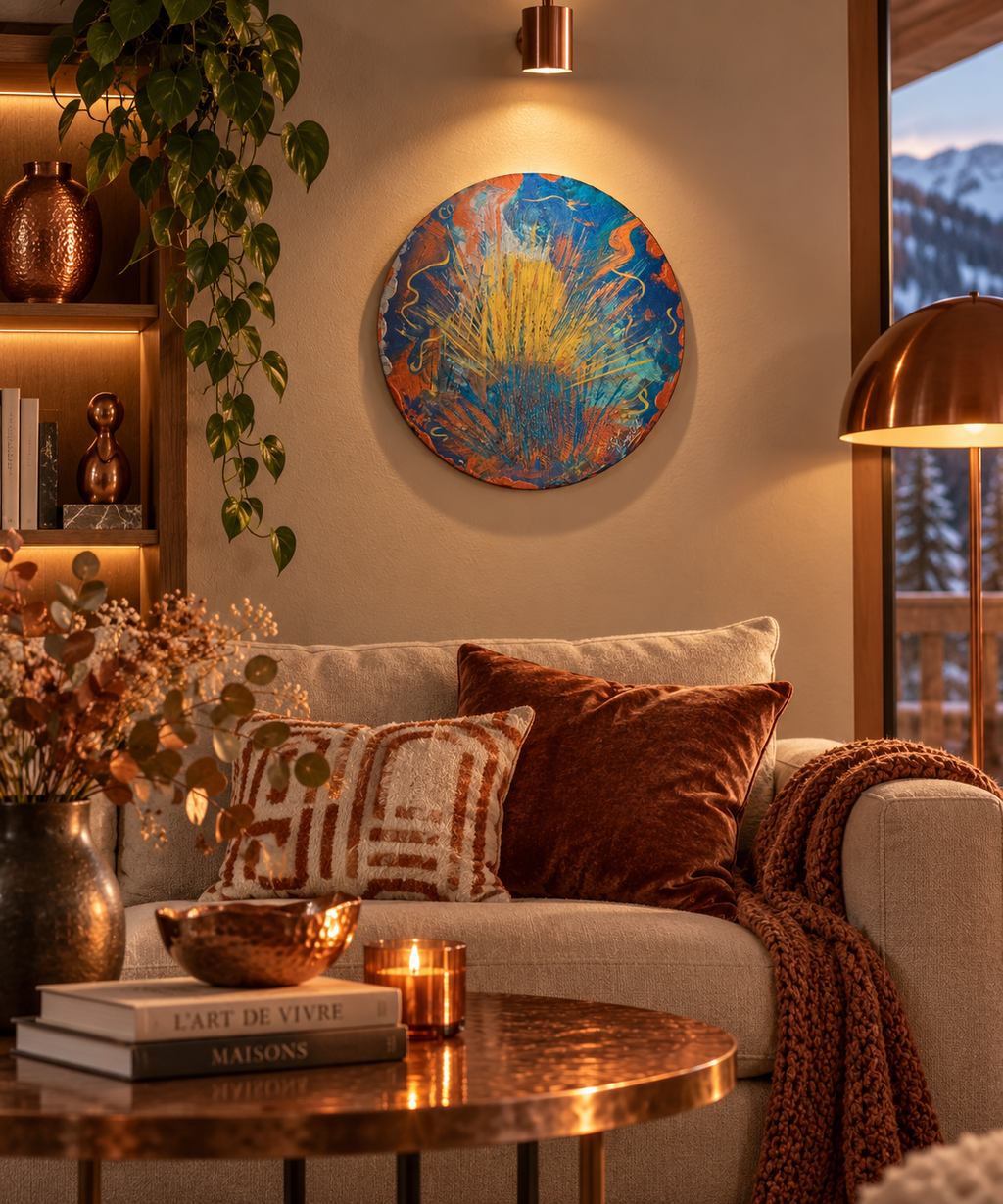 Rayonnement Cuivré™, tableau rond abstrait bleu cuivré de 40 cm présenté dans un salon chaleureux aux tons cuivre, beige et bois, œuvre originale de Tiana Bird.