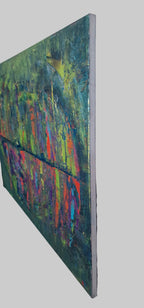 Détail de profil du tableau peinture abstrait moderne Reflets Suspendus™ avec textures épaisses et reflets lumineux