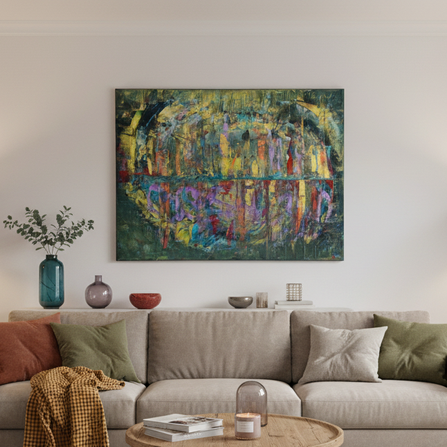Tableau abstrait contemporain Reflets Suspendus™ intégré dans une décoration intérieure moderne et chaleureuse