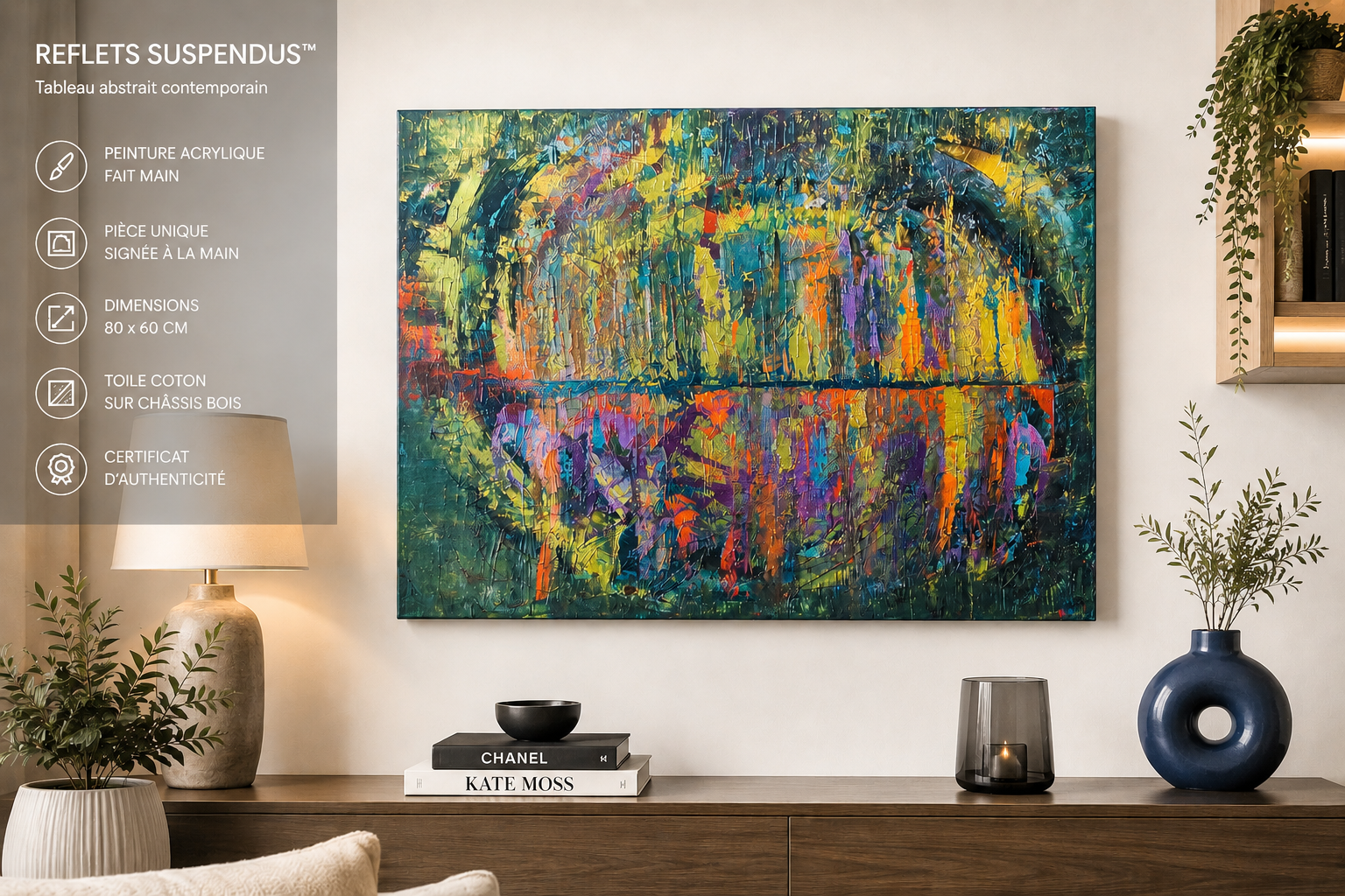 Présentation du tableau abstrait moderne Reflets Suspendus™ avec composition artistique contemporaine et effets lumineux