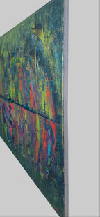 Vue latérale du tableau abstrait moderne Reflets Suspendus™ révélant les reliefs et la matière acrylique