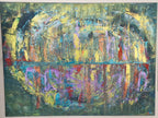 Tableau peinture abstrait moderne Reflets Suspendus™ présenté sur un mur en pierre dans une ambiance contemporaine artistique