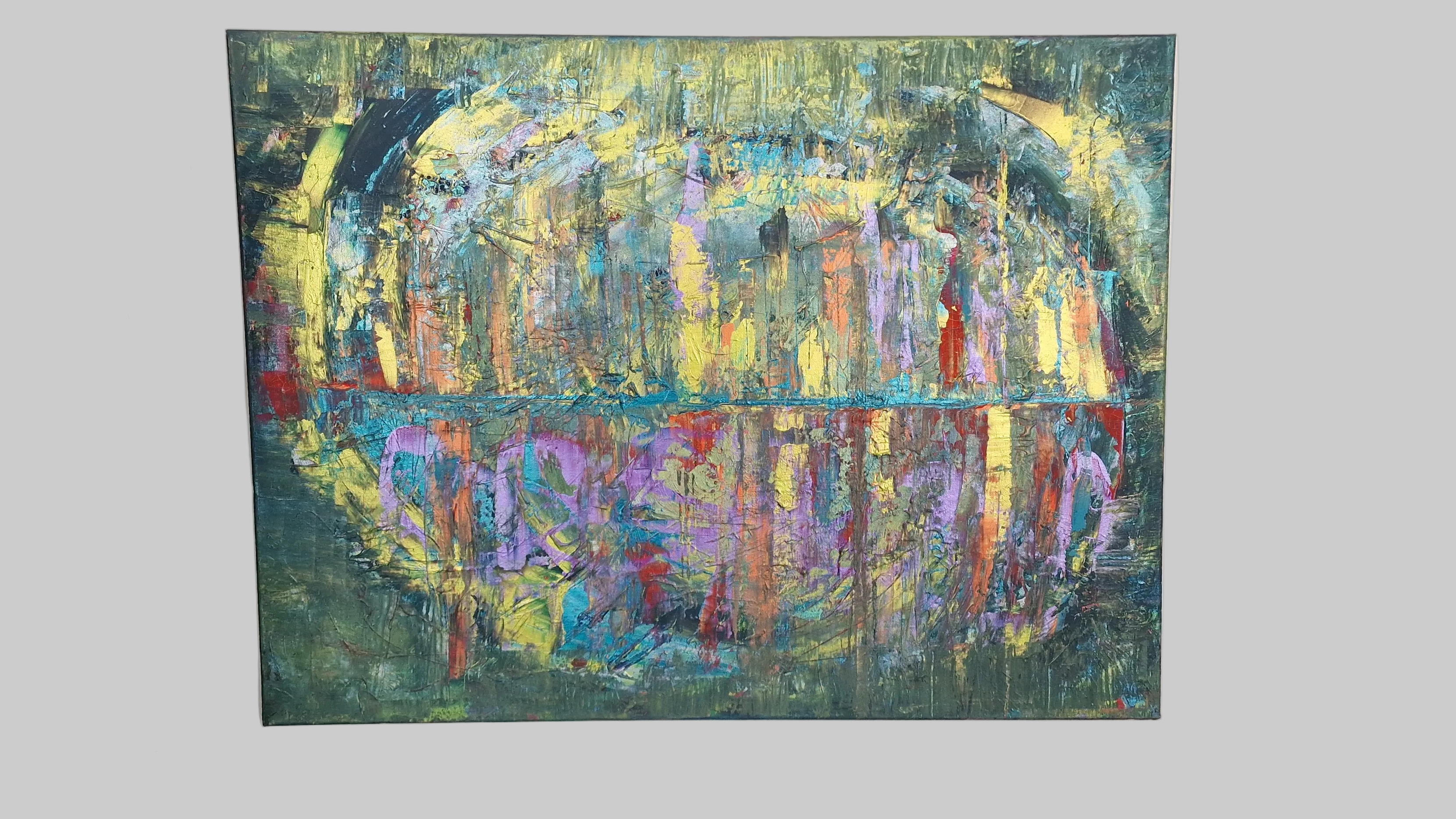 Vue de face du tableau peinture abstrait moderne Reflets Suspendus™ avec textures lumineuses et couleurs vibrantes