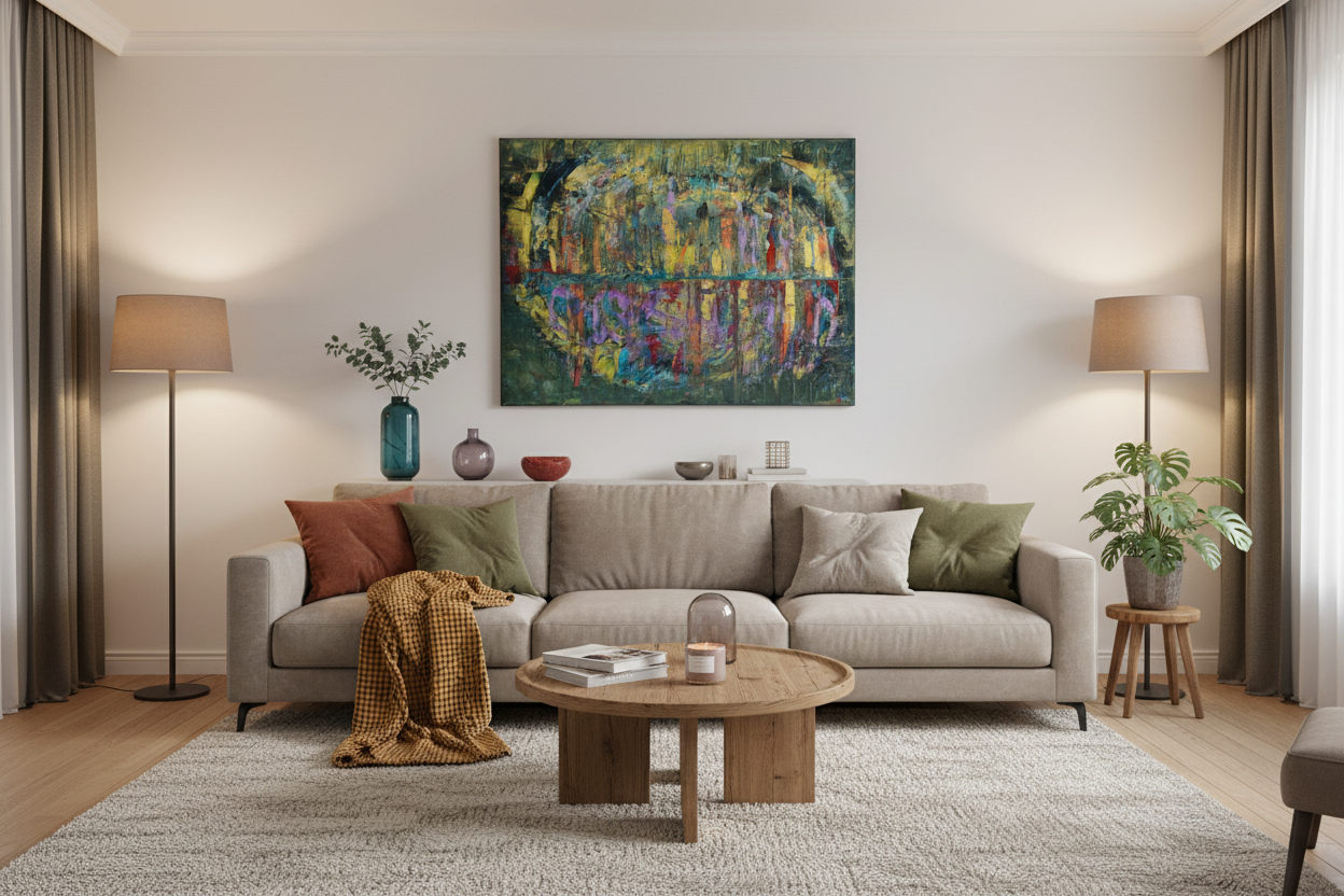 Tableau peinture abstrait moderne Reflets Suspendus™ présenté dans un salon contemporain élégant et lumineux