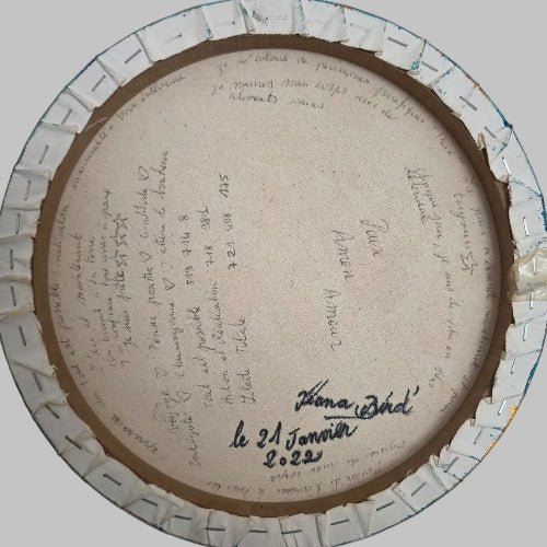 Dos de Résonance du Cœur™ avec intentions manuscrites, signature de Tiana Bird et date de création sur la toile coton.