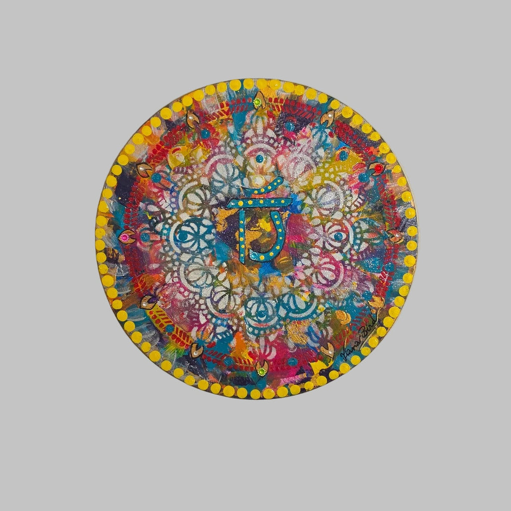 Vue de face de Résonance du Cœur™, peinture inspirée du chakra du cœur Anahata, réalisée à l’acrylique avec strass colorés.