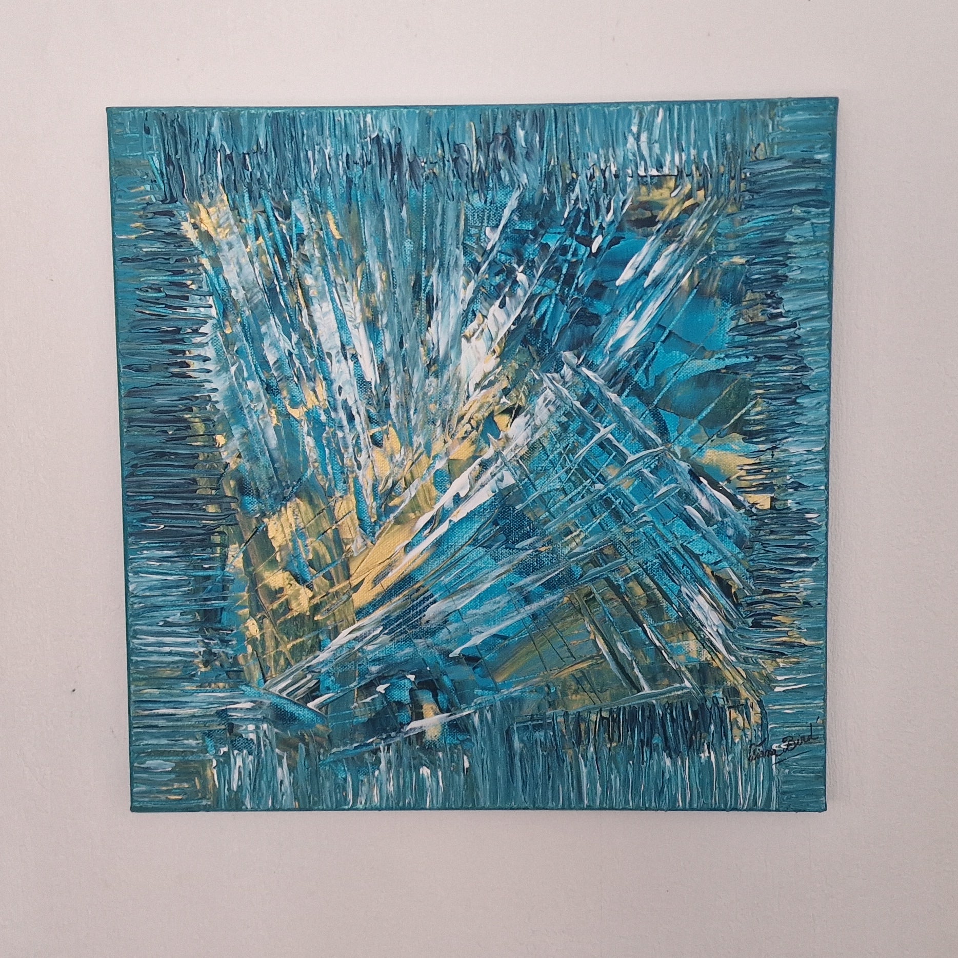 Peinture abstraite bleue contemporaine 40x40 cm avec reliefs et textures artistiques modernes