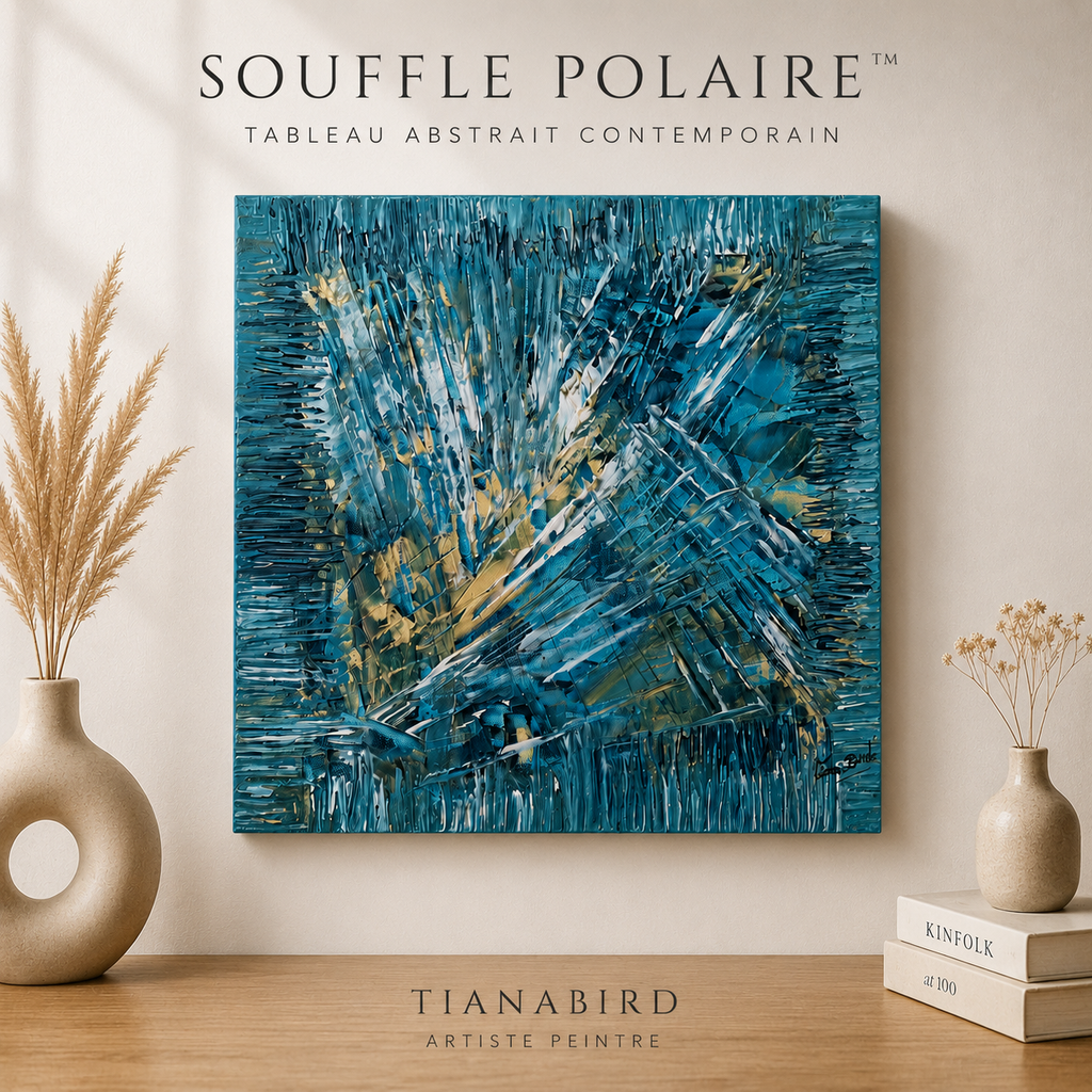 Tableau abstrait bleu contemporain Souffle Polaire avec textures modernes et décoration minimaliste signée Tiana Bird