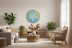 tableau abstrait acrylique rond dans un salon moderne