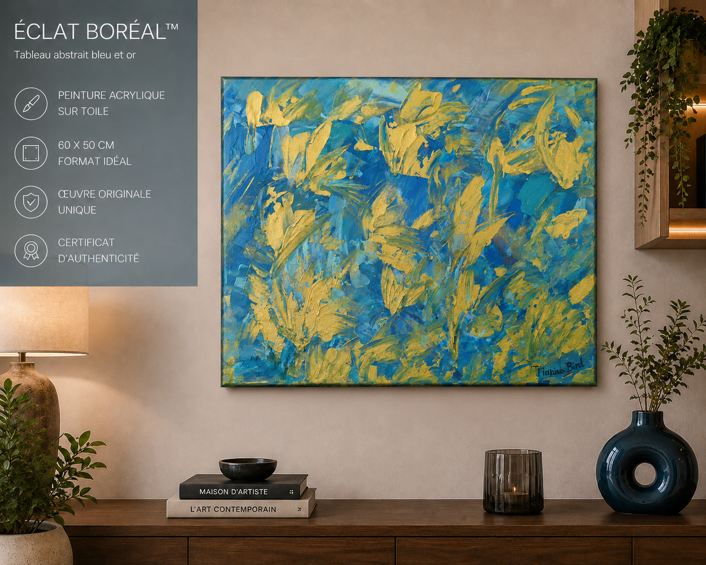 Tableau abstrait bleu et or expose dans une decoration murale elegante avec mobilier contemporain.