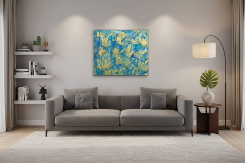 Tableau abstrait bleu et or sur toile acrylique dans un salon moderne avec decoration murale contemporaine.