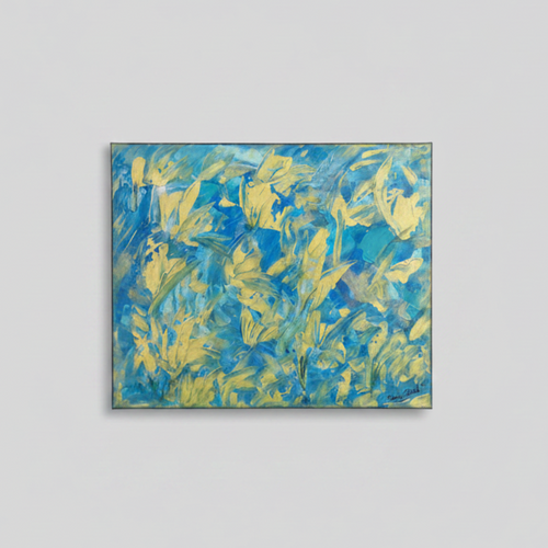 Peinture abstraite bleu turquoise et or sur toile acrylique pour decoration interieure contemporaine.