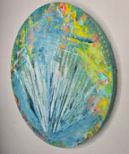 Tableau abstrait bleu rond décoration murale en peinture acrylique. Œuvre moderne et lumineuse idéale pour sublimer une décoration murale contemporaine.