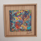 Tableau abstrait carré coloré Écrin Cosmique avec encadrement bois naturel et textures artistiques contemporaines