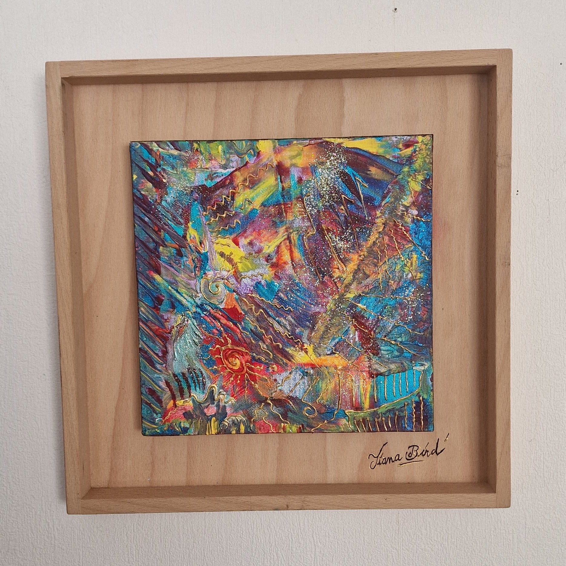 Tableau abstrait carré coloré Écrin Cosmique avec encadrement bois naturel et textures artistiques contemporaines