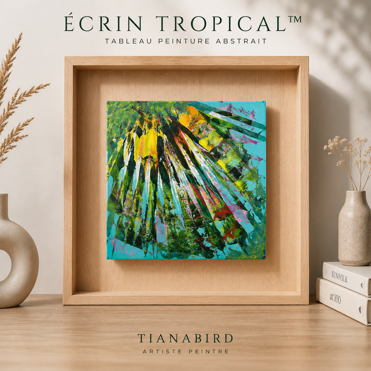 Écrin Tropical™ – Tableau abstrait carré contemporain encadré bois
