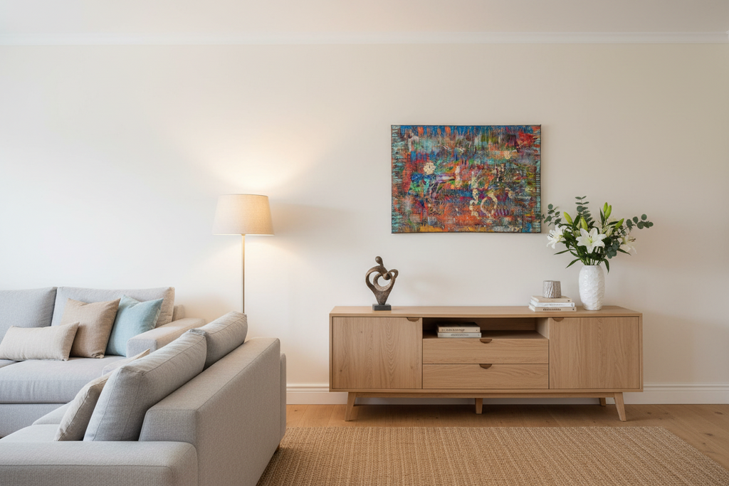 Tableau abstrait moderne coloré dans un salon lumineux avec décoration minimaliste et ambiance chaleureuse