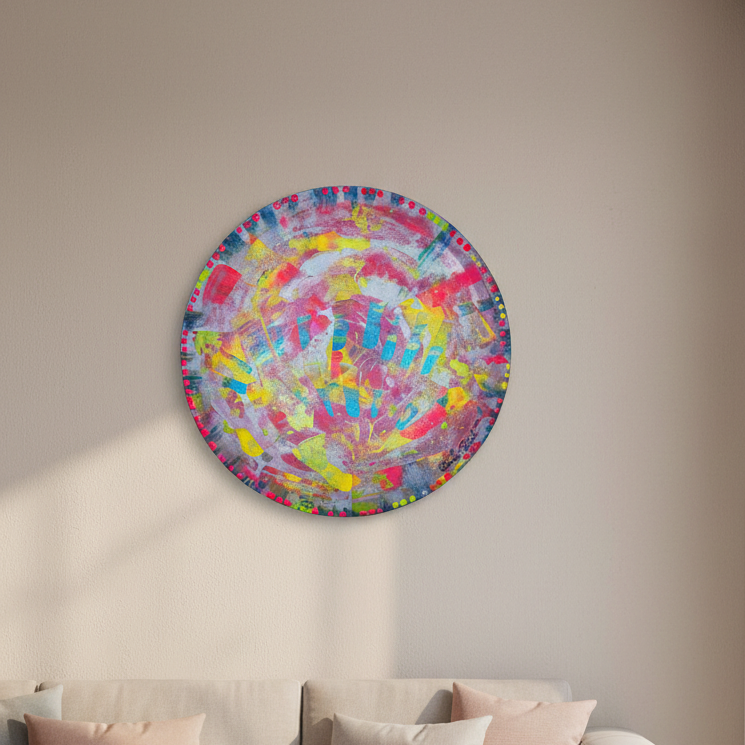 tableau abstrait coloré rond décoration murale moderne, œuvre originale de 50cm de diamètre