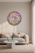 tableau abstrait coloré rond dans un salon moderne
