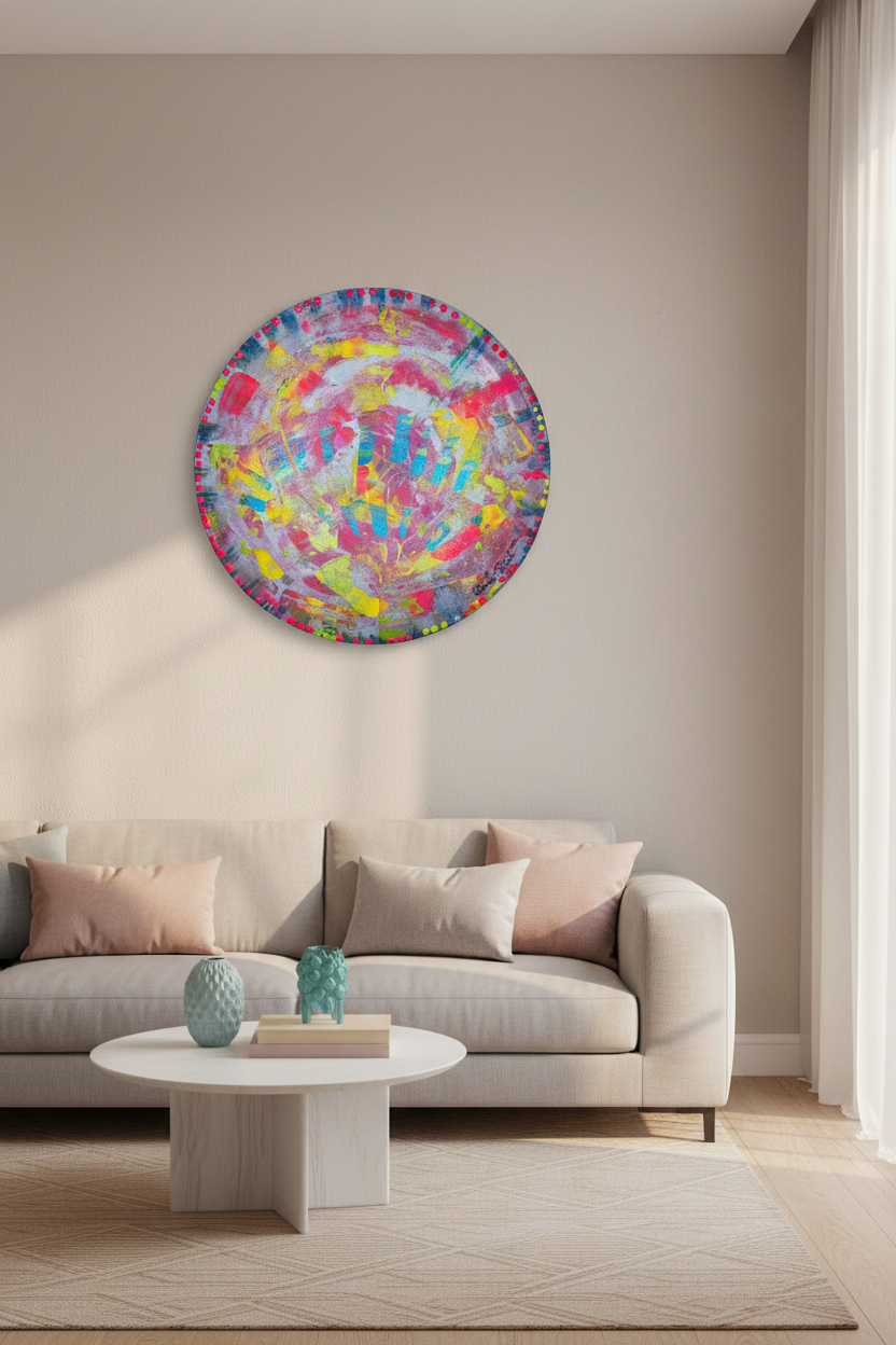 tableau abstrait coloré rond dans un salon moderne