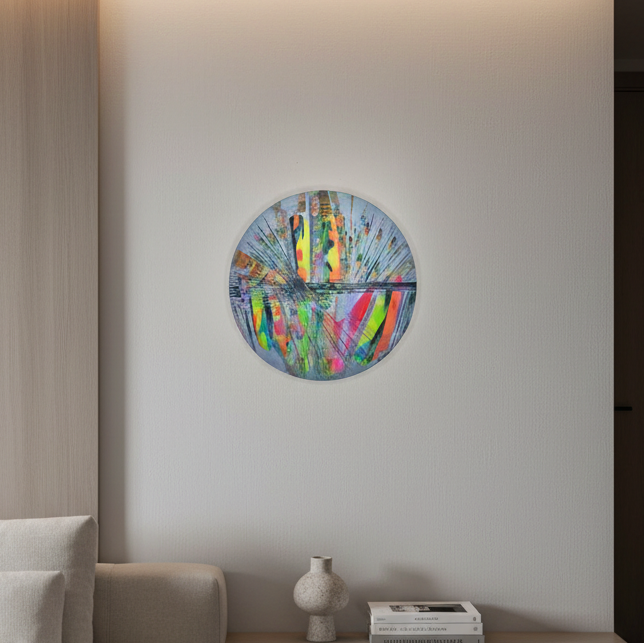 tableau abstrait contemporain bleu dans un salon design moderne