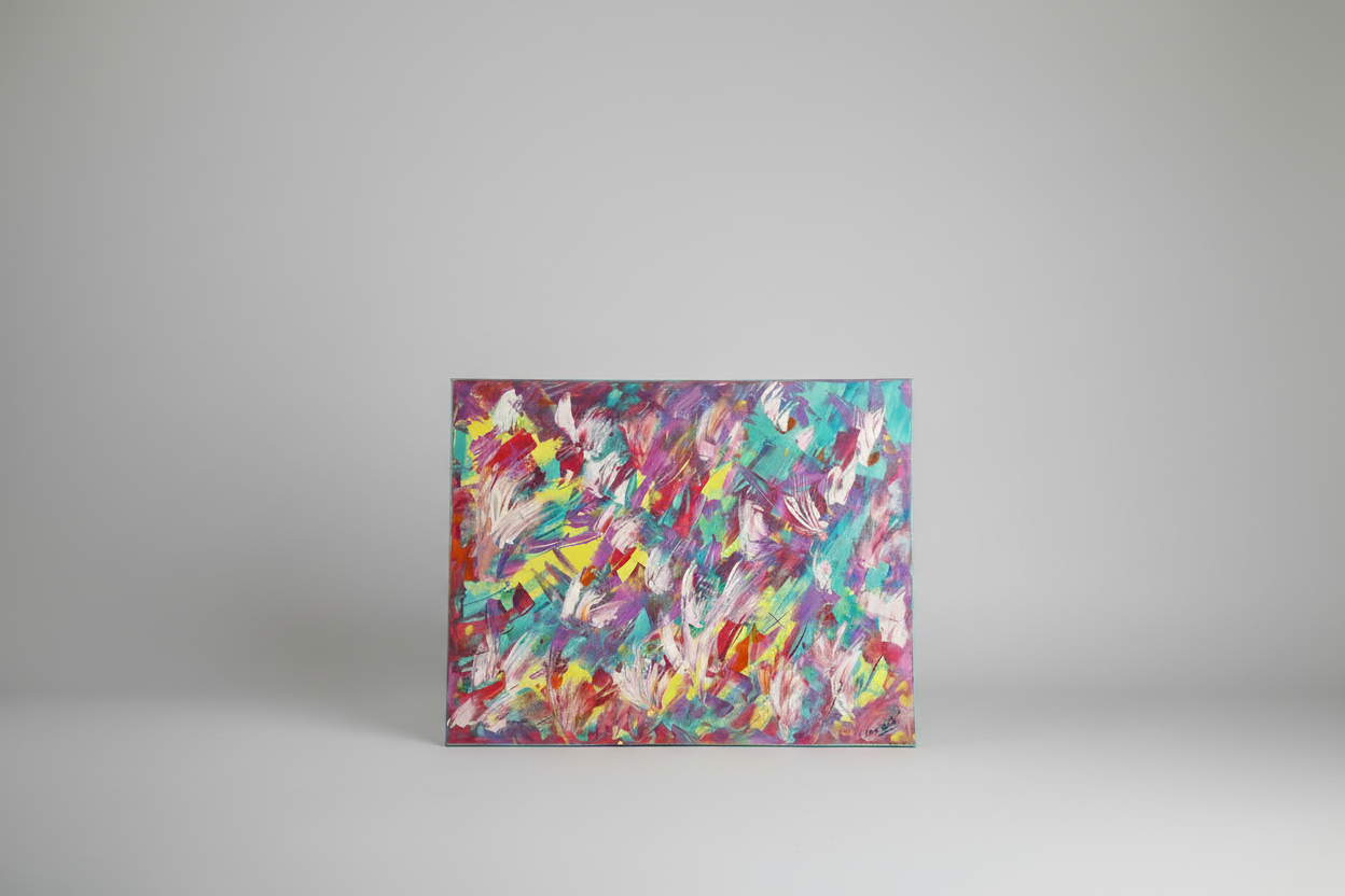 Tableau abstrait contemporain coloré Éclats de Printemps™ pour salon design moderne avec peinture acrylique artistique et ambiance chaleureuse.