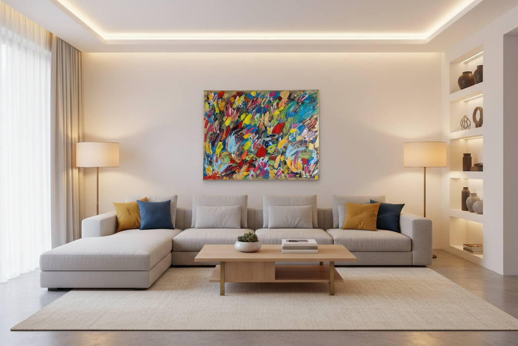 tableau abstrait contemporain coloré accroché dans un salon lumineux décoration intérieure moderne et élégante