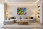 tableau abstrait contemporain coloré accroché dans un salon lumineux décoration intérieure moderne et élégante