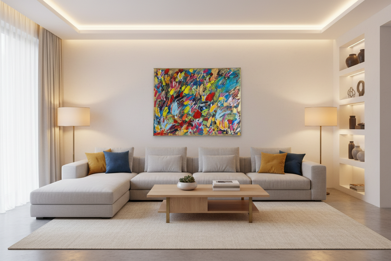 tableau abstrait contemporain coloré accroché dans un salon lumineux décoration intérieure moderne et élégante