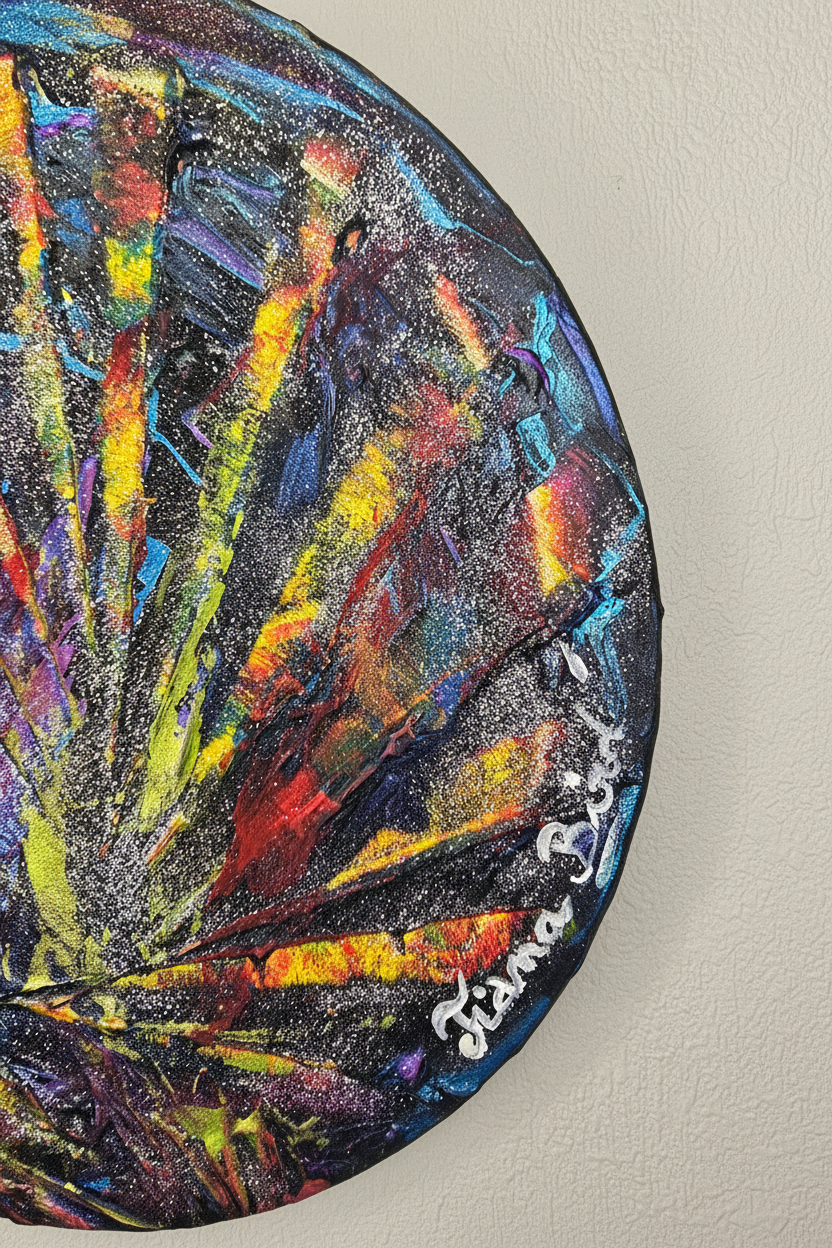 Gros plan sur un tableau abstrait rond coloré avec couleurs vives et effet d’explosion artistique